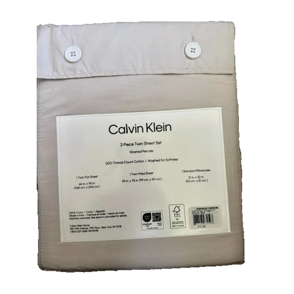 Calvin Klein Twin 3 Piece Sheet Set Beige Washed Percale 200TC Cotton NEW